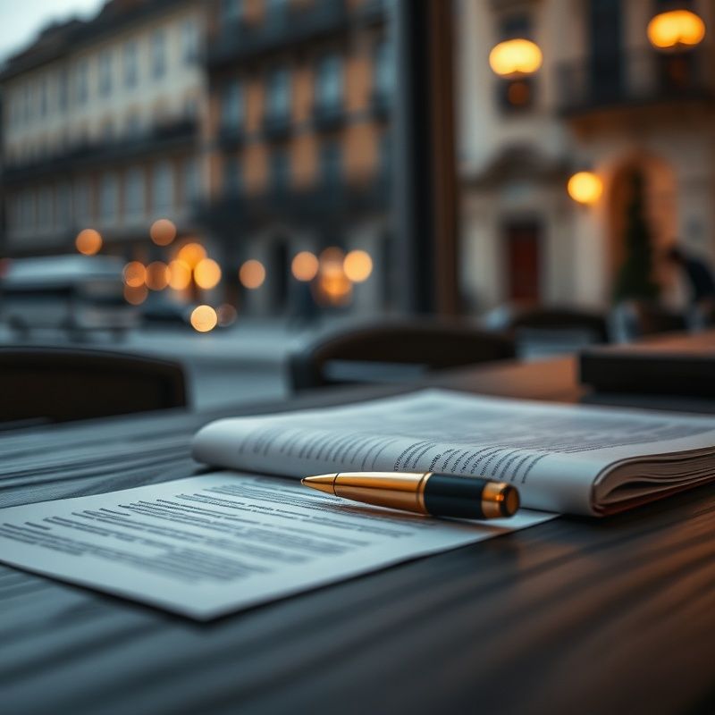Detaliu de birou din stejar închis cu document deschis și stilou auriu