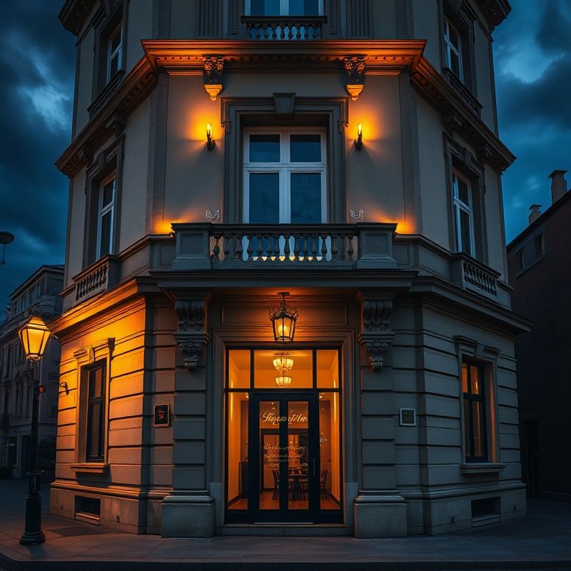 Fațadă istorică elegantă în Constanța la apus, cu iluminat auriu discret