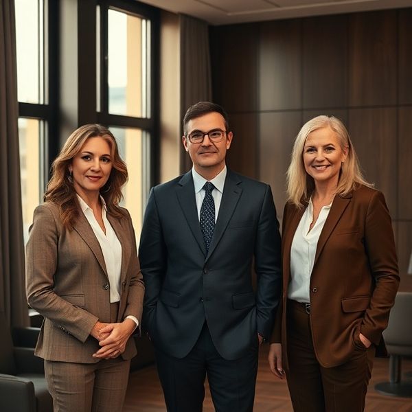 Portret al echipei ConsultPilotPro într-o sală de întâlniri cu tonuri de cărbune și auriu